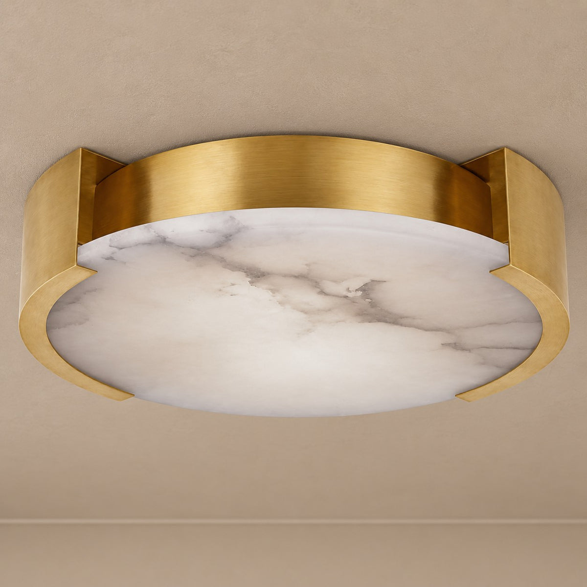 Round Alabaster Disc Flush Mount with Brass Bands