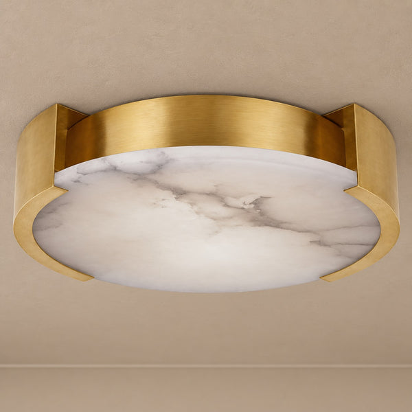 Round Alabaster Disc Flush Mount with Brass Bands