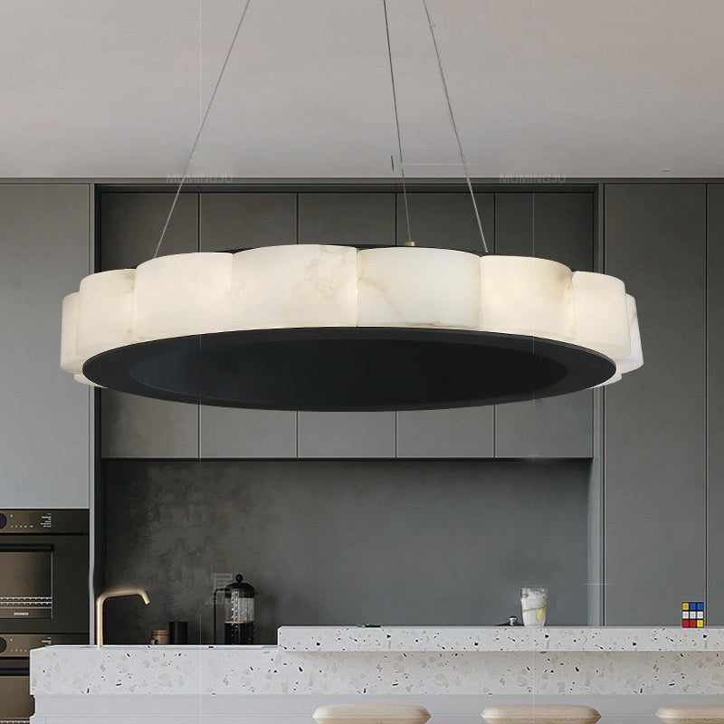 Round Alabaster Panel Globe Chandelier with Black Metal Frame