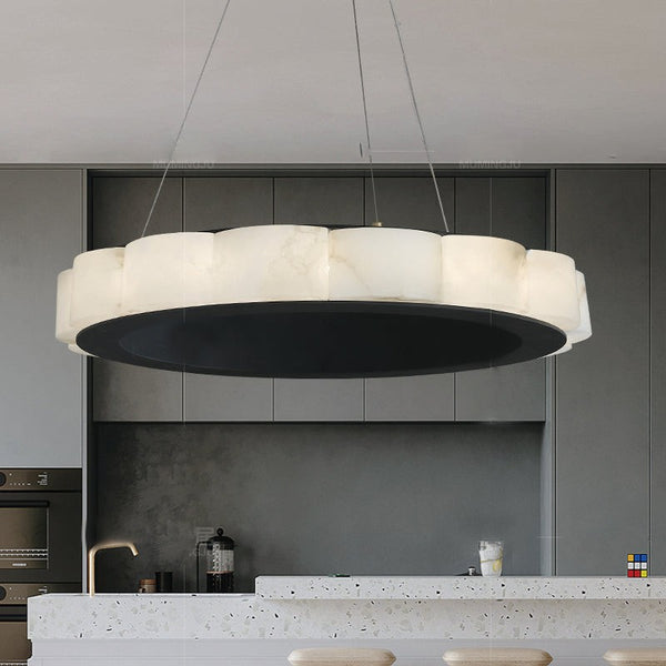 Round Alabaster Panel Globe Chandelier with Black Metal Frame