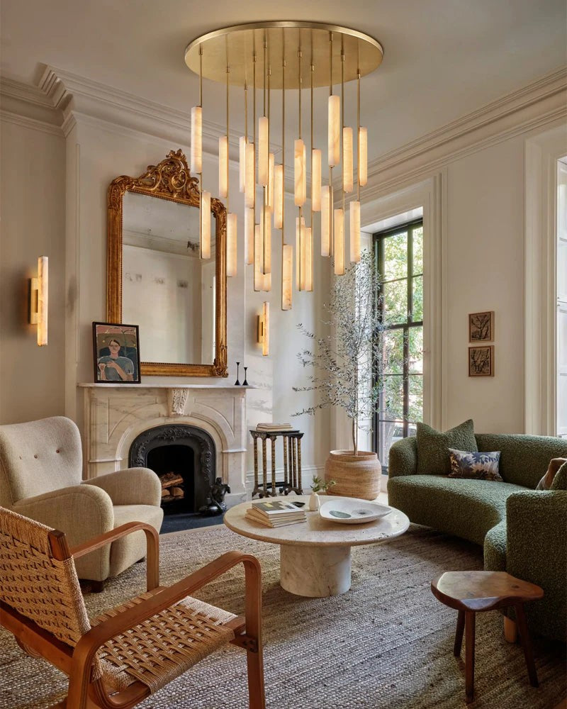 Round Alabaster Prism Ring Chandelier in Brass