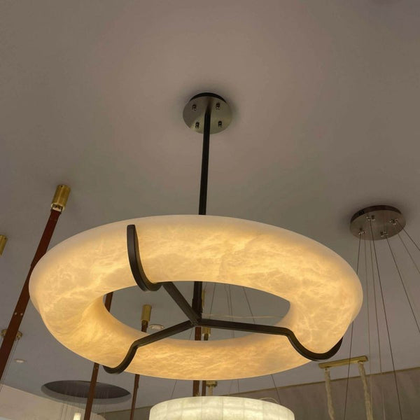 Round Alabaster Ring and Black Metal Chandelier