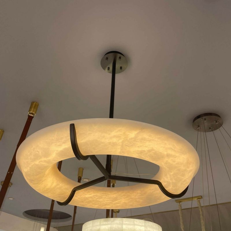 Round Alabaster Ring and Black Metal Chandelier