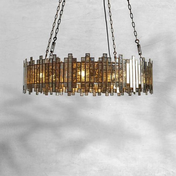 Round Antiqued Mirrored Glass Antique Copper Chandelier