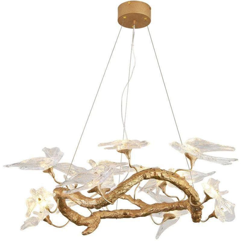 Round Branching Brass and Glass Cluster Chandelier