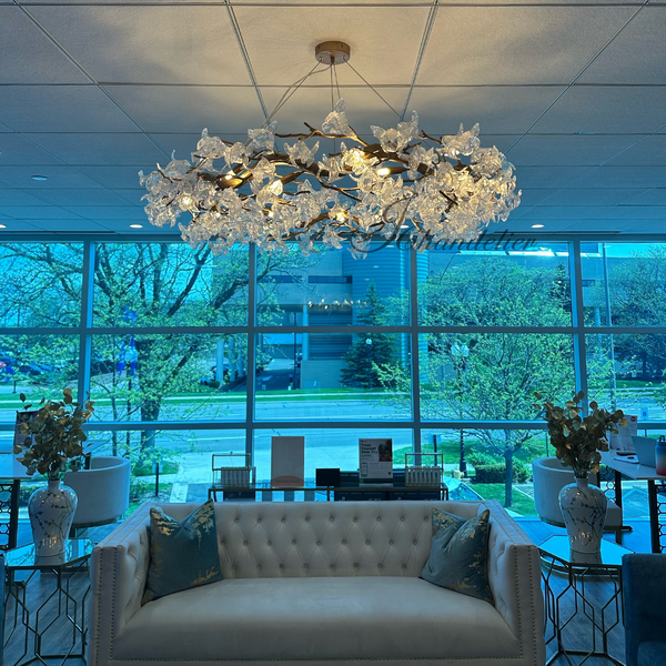Round Branching Brass Chandelier with Crystal Petals