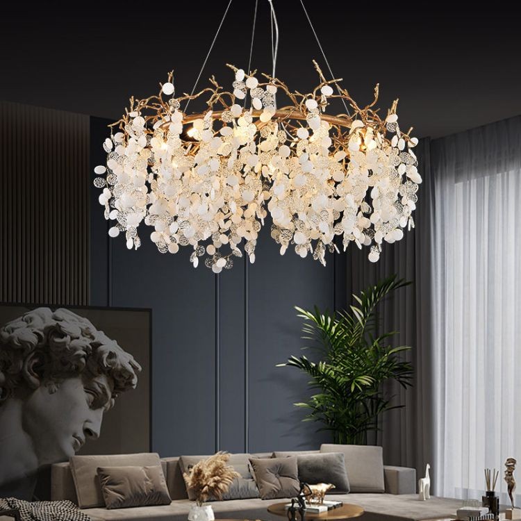 Round Brass Branch Chandelier with Glass Disc Blossoms