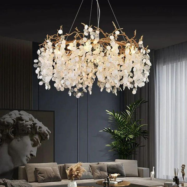 Round Brass Branch Chandelier with Glass Shades
