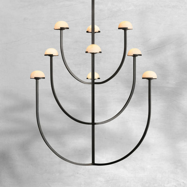 Round Brass Chandelier with Alabaster Dome Shades