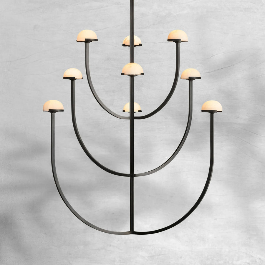 Round Brass Chandelier with Alabaster Dome Shades