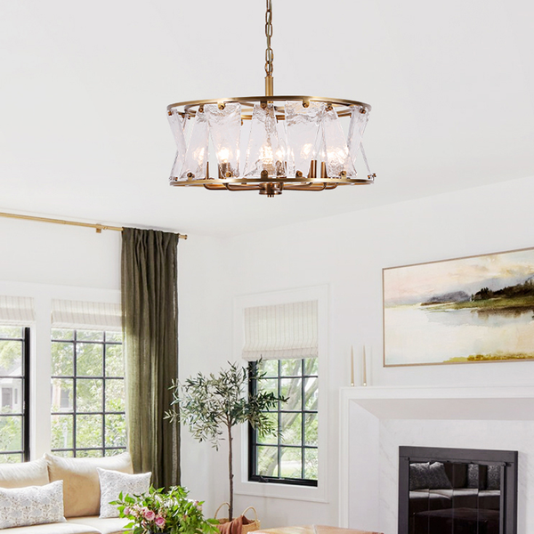 Round Brass Ring Chandelier with Angled Glass