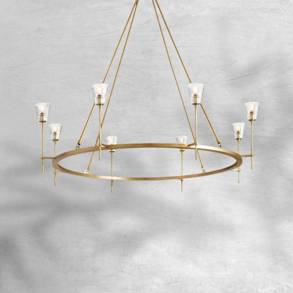 Round Brass Ring Chandelier with Tapered Glass Shades