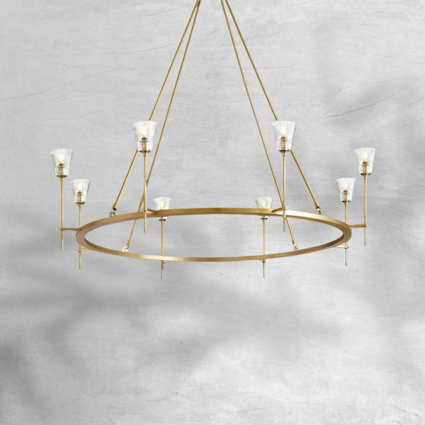 Round Brass Ring Chandelier with Tapered Glass Shades