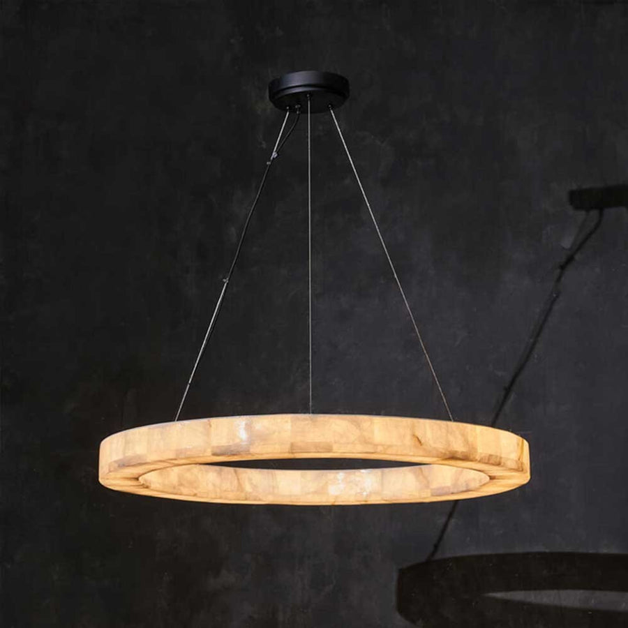 Round Calcite Disc Chandelier with Iron Frame