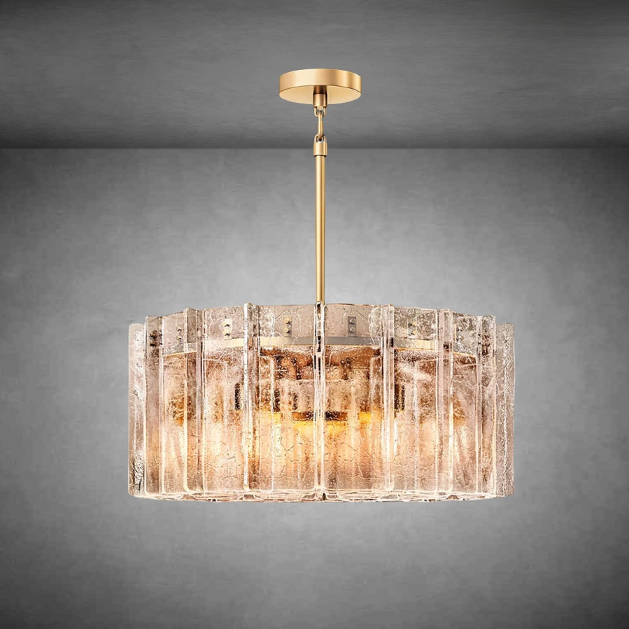 Round Cast Glass Pane and Brass Ring Chandelier