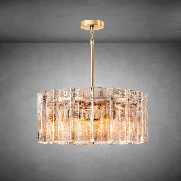 Round Cast Glass Pane and Brass Ring Chandelier