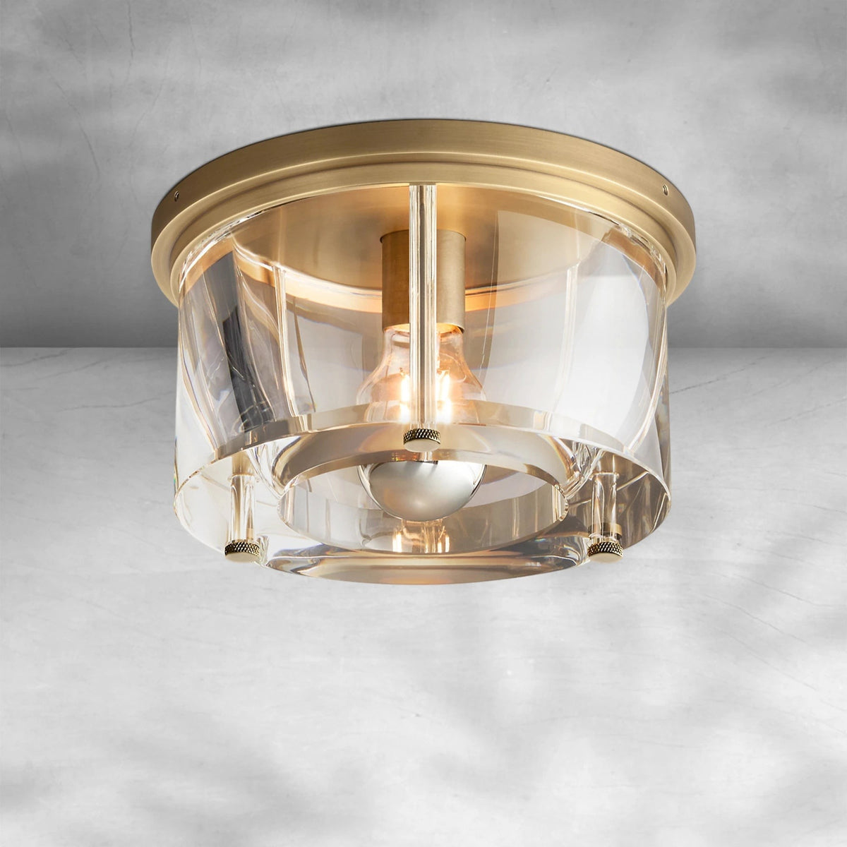 Round Crystal Block and Sand-Cast Brass Flush Mount