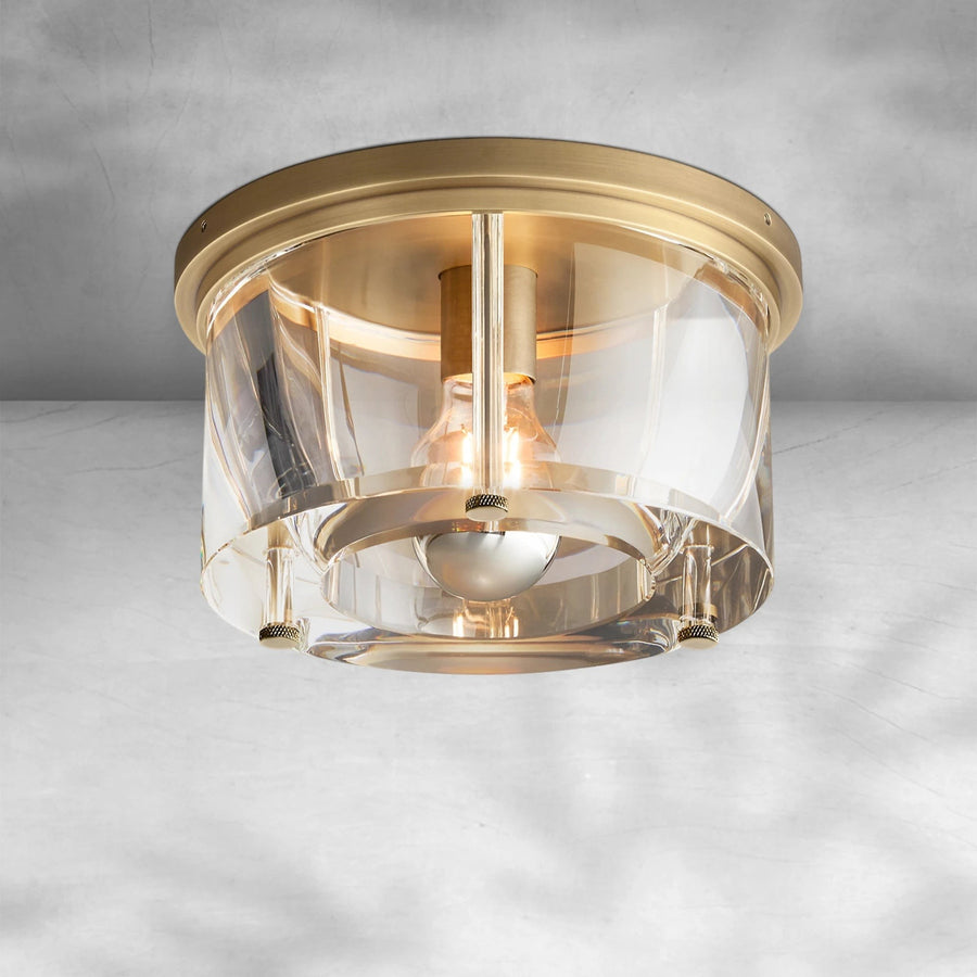 Round Crystal Block and Sand-Cast Brass Flush Mount