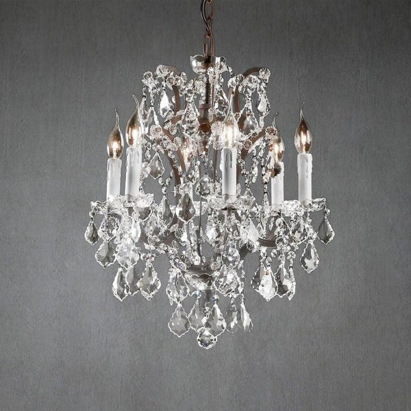 Round Cut Crystal Cluster Chandelier with Antiqued Brass Frame