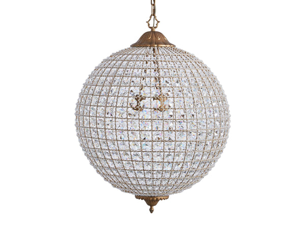 Round Faceted Crystal Globe Chandelier with Antiqued Brass