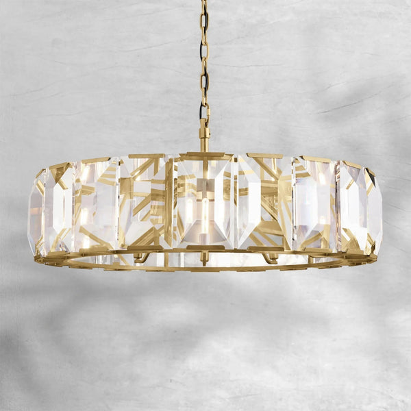 Round Faceted Crystal Prism and Brass Ring Chandelier