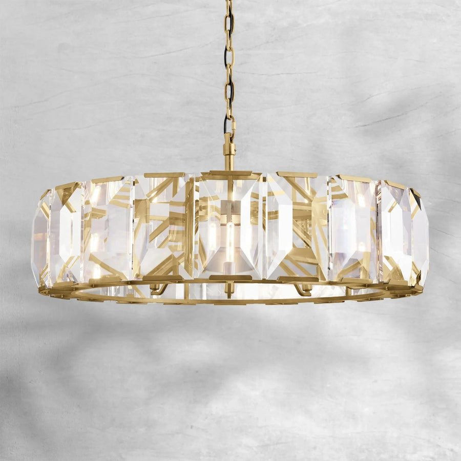 Round Faceted Crystal Prism and Brass Ring Chandelier