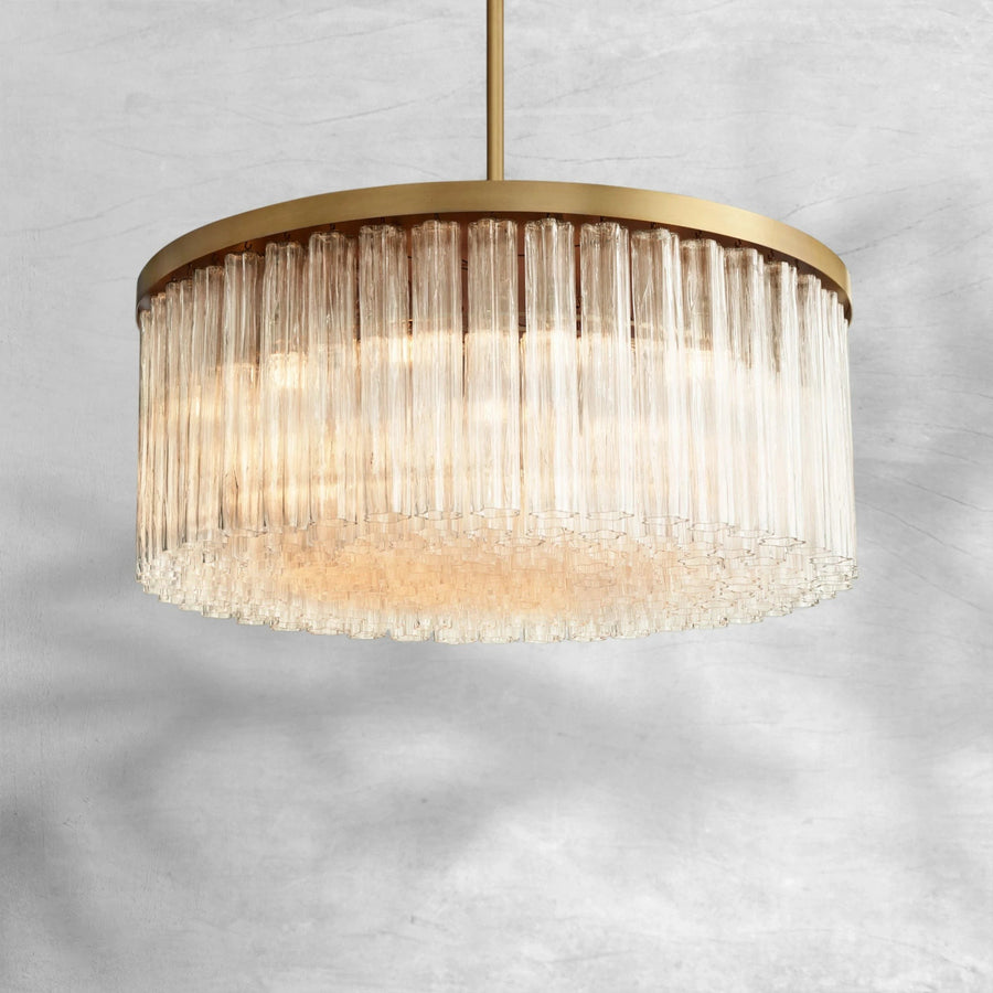 Round Fluted Glass Cluster Chandelier with Brass Accents