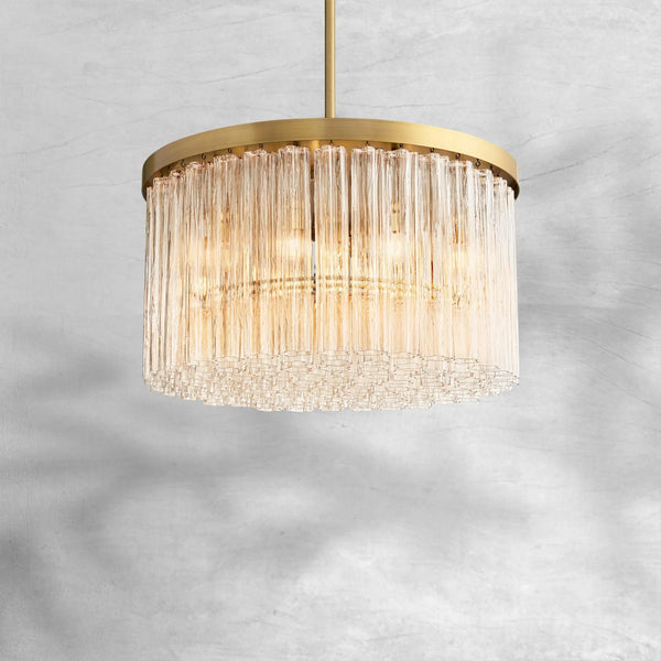 Round Fluted Glass Cluster Chandelier with Brass Frame