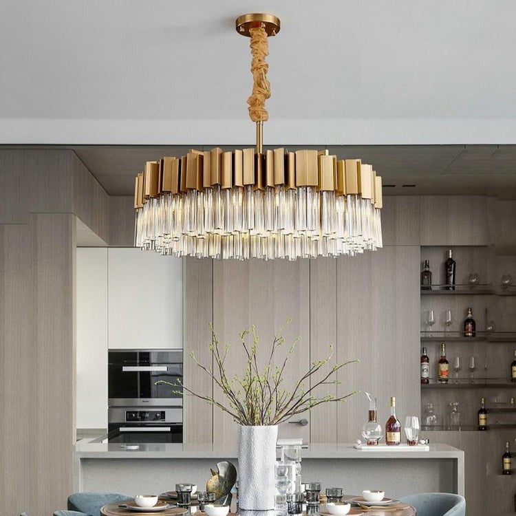 Round Gold Steel and Crystal Ring Chandelier