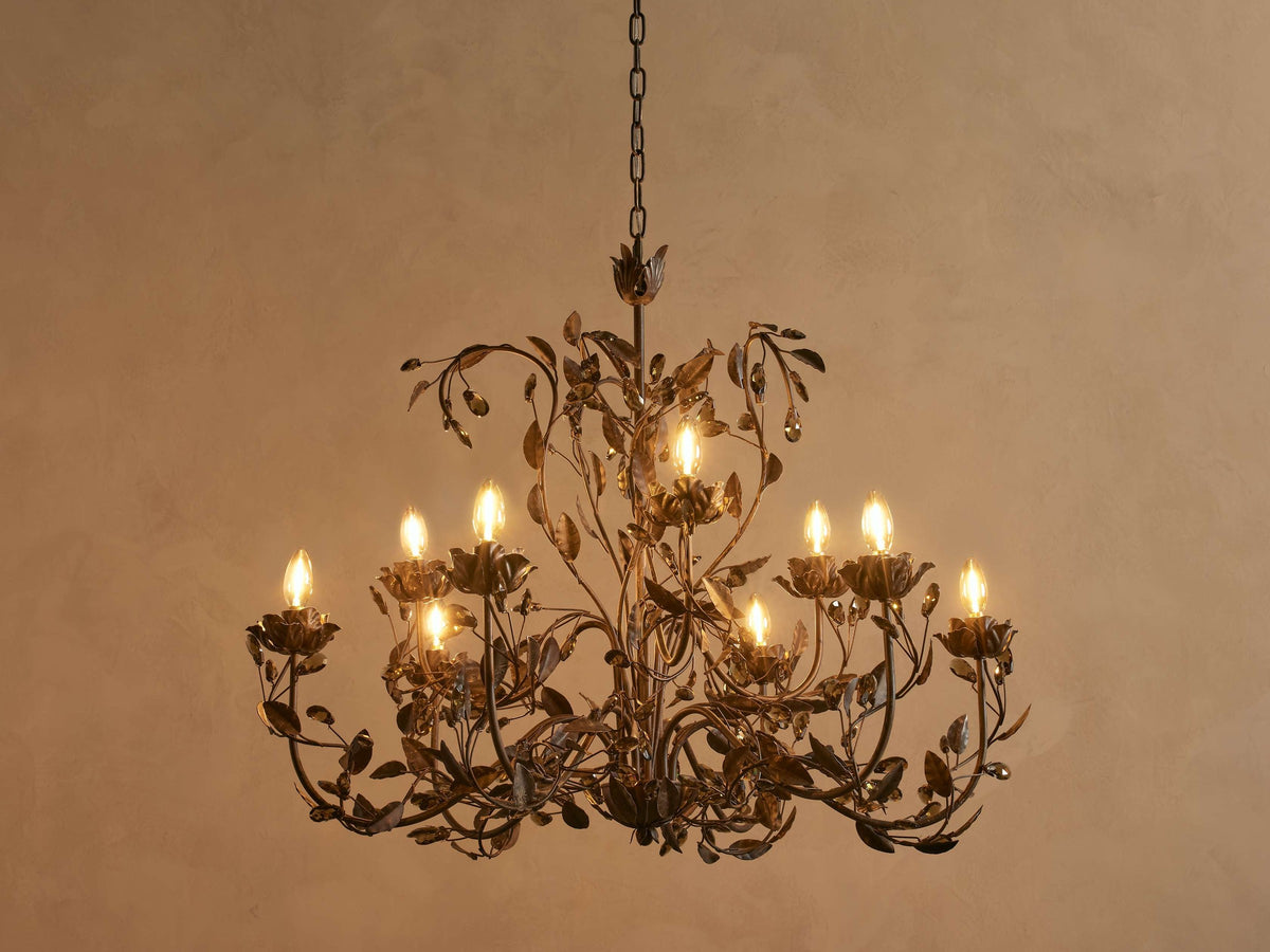Round Iron Leaf Chandelier with Scattered Crystals