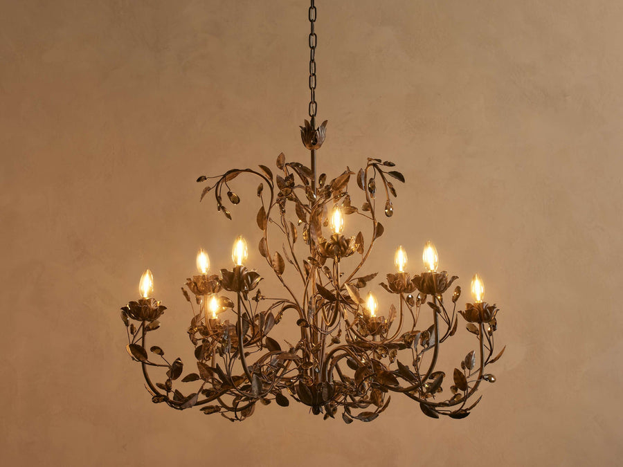 Round Iron Leaf Chandelier with Scattered Crystals