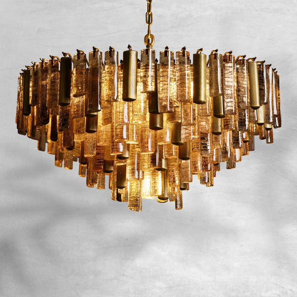 Round Layered Cast Glass and Brass Chandelier