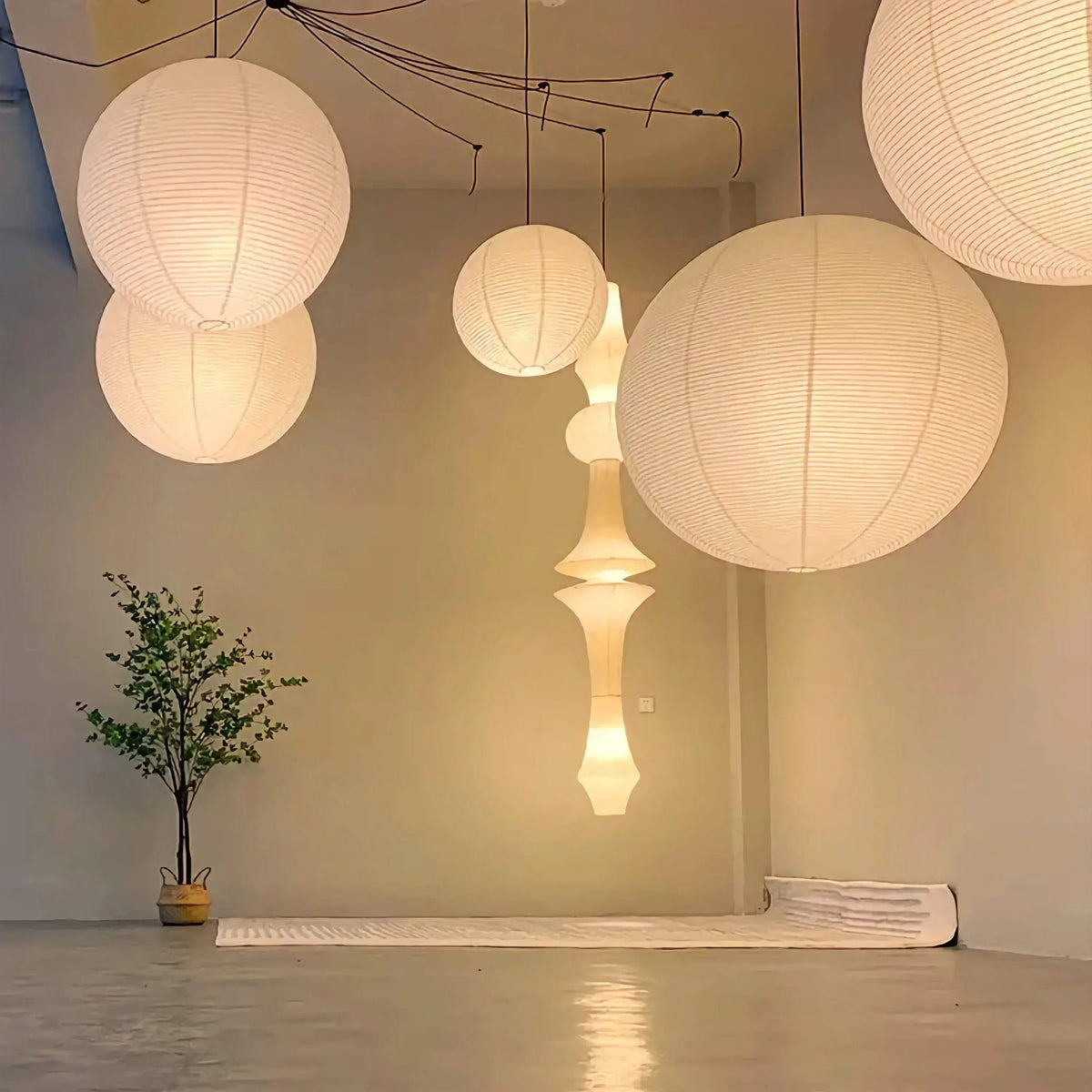 Round Ribbed Rice Paper Lantern Pendant