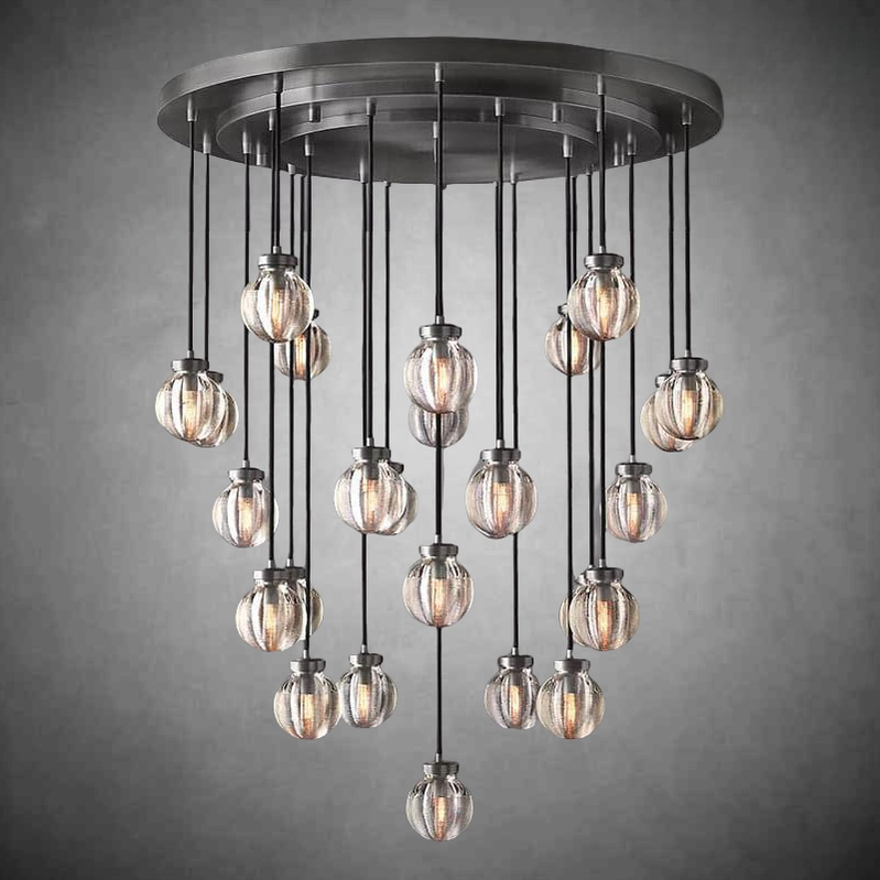 Round Ridged Crystal Drop Cluster Brass Chandelier
