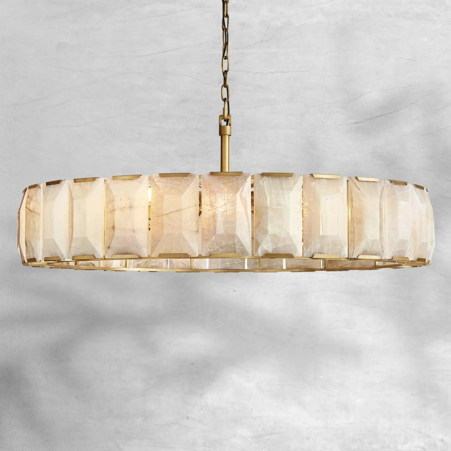 Round Ring Calcite Slab and Brass Chandelier