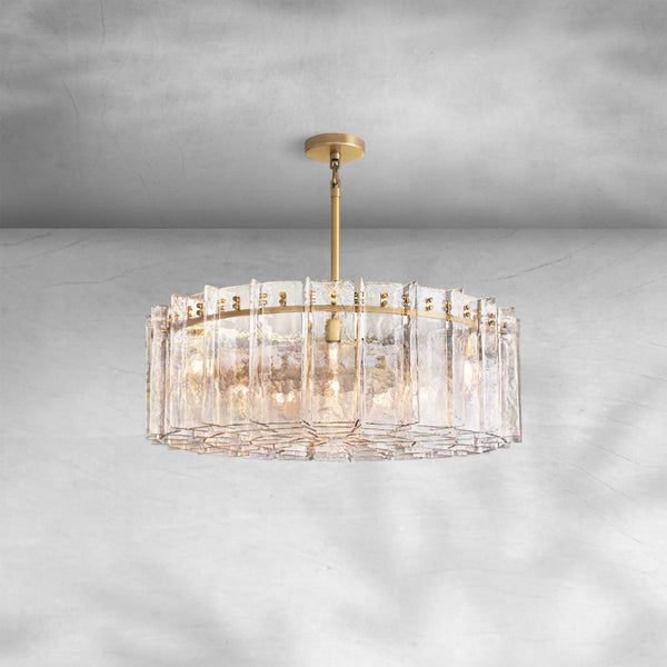 Round Rippled Cast Glass and Brass Ring Chandelier