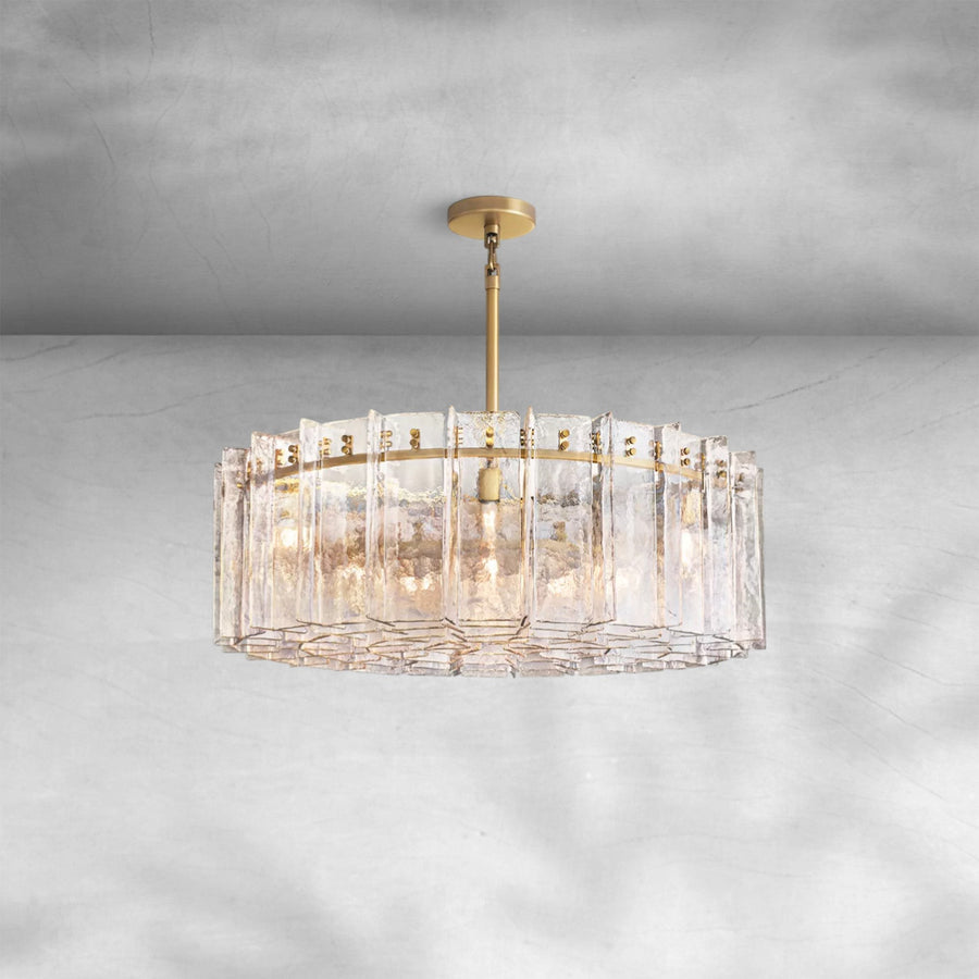 Round Rippled Cast Glass and Brass Ring Chandelier