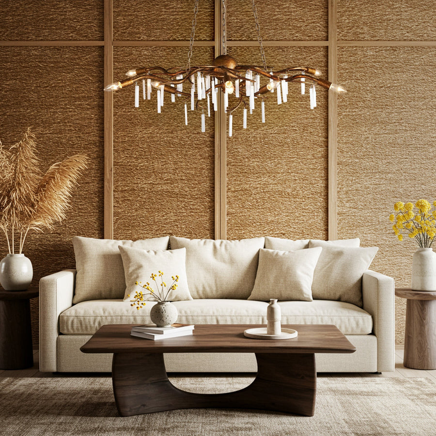 Round Selenite Cluster Chandelier with Antiqued Gold Iron Frame
