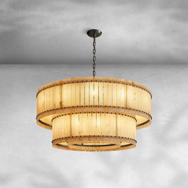 Round Tiered Alabaster Panel Steel Chandelier