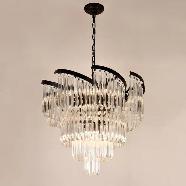 Round Tiered Clear Crystal and Brass Chandelier