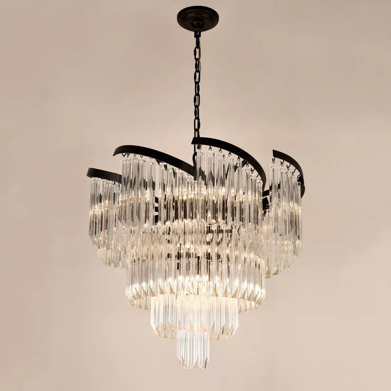 Round Tiered Clear Crystal and Brass Chandelier