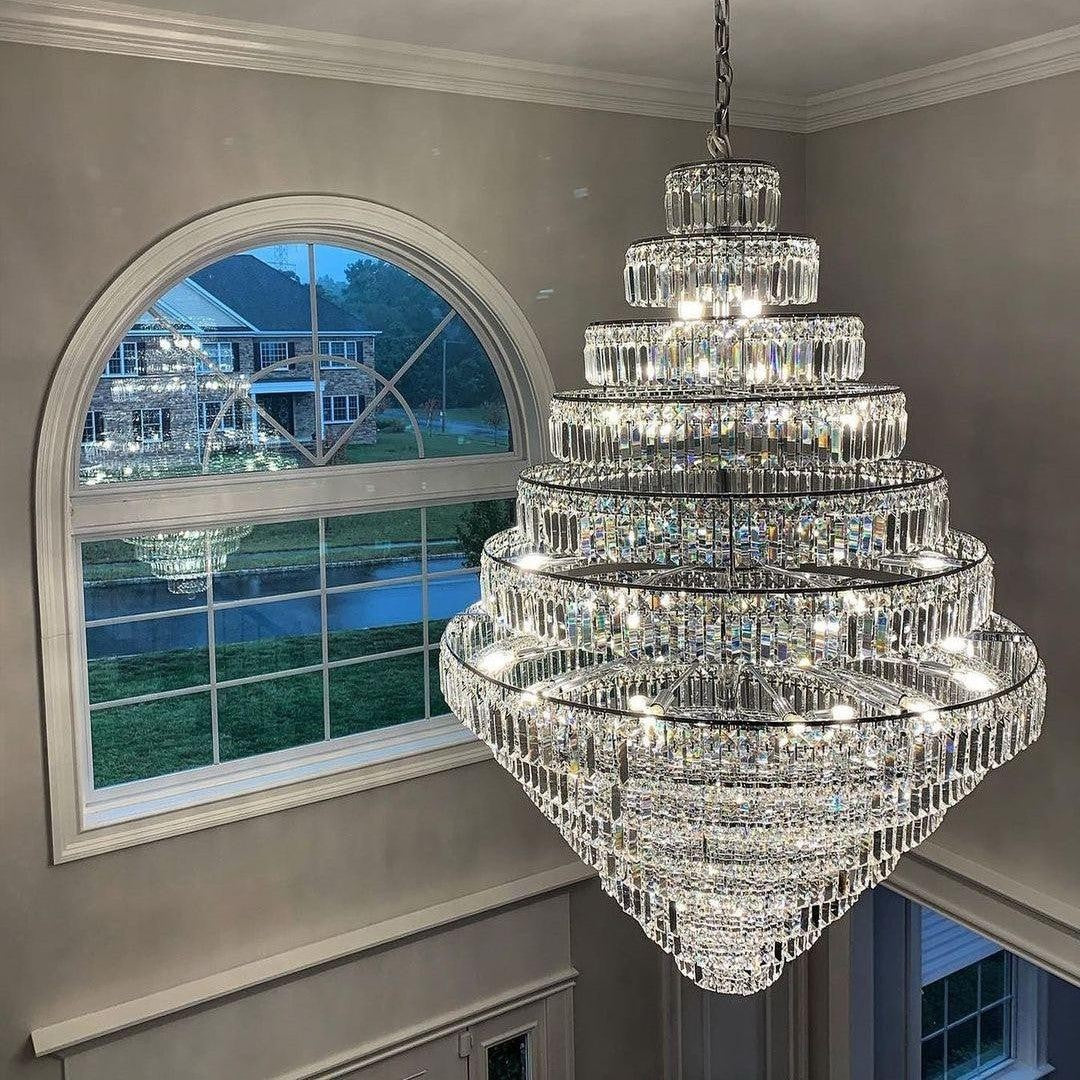 Round Tiered Crystal and Stainless Steel Chandelier