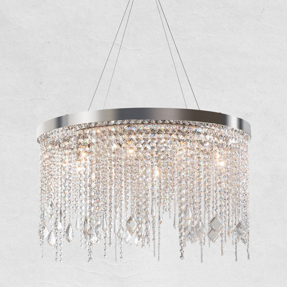 Round Tiered Crystal Bead and Polished Steel Chandelier
