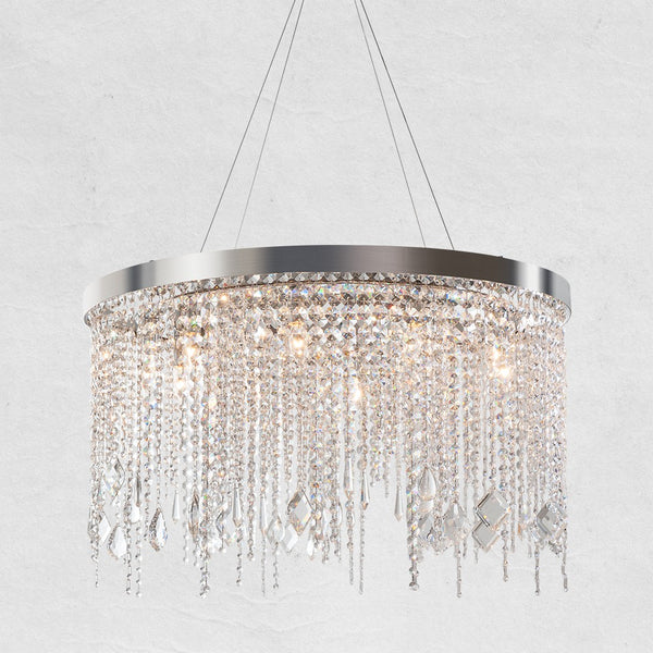 Round Tiered Crystal Bead and Polished Steel Chandelier