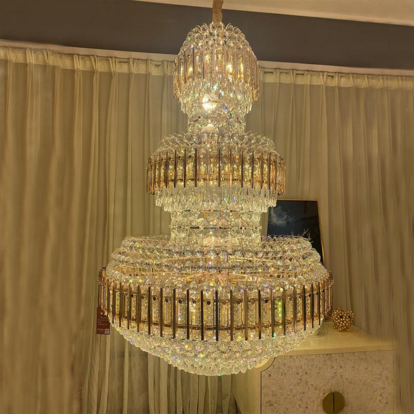 Round Tiered Crystal Chandelier with Gold Pineapple Drops