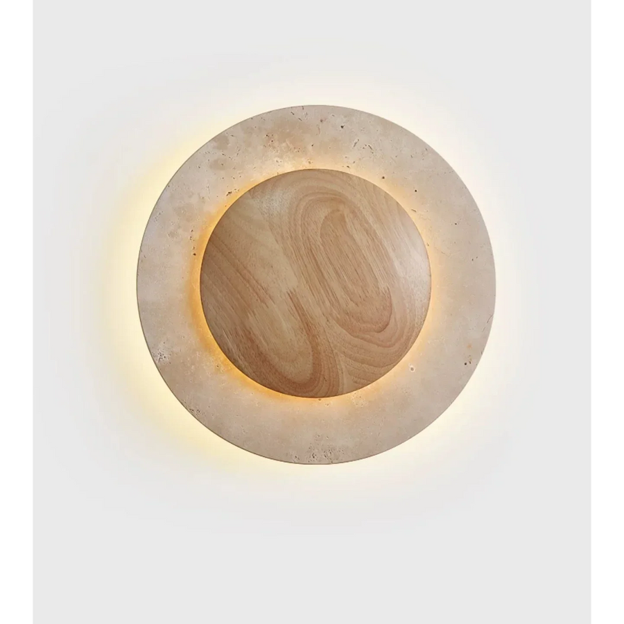Round Travertine Disc and Wood Wall Sconce