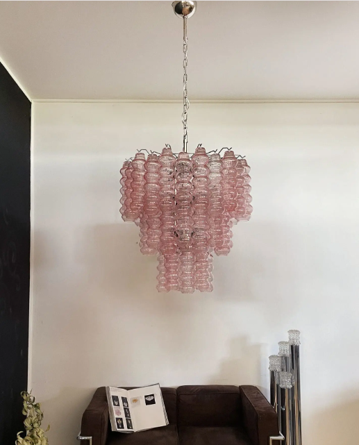Rounded Cluster of Pink Curved Glass Tubes Chandelier