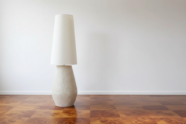 Rounded Plaster Vessel Floor Lamp with Linen Shade