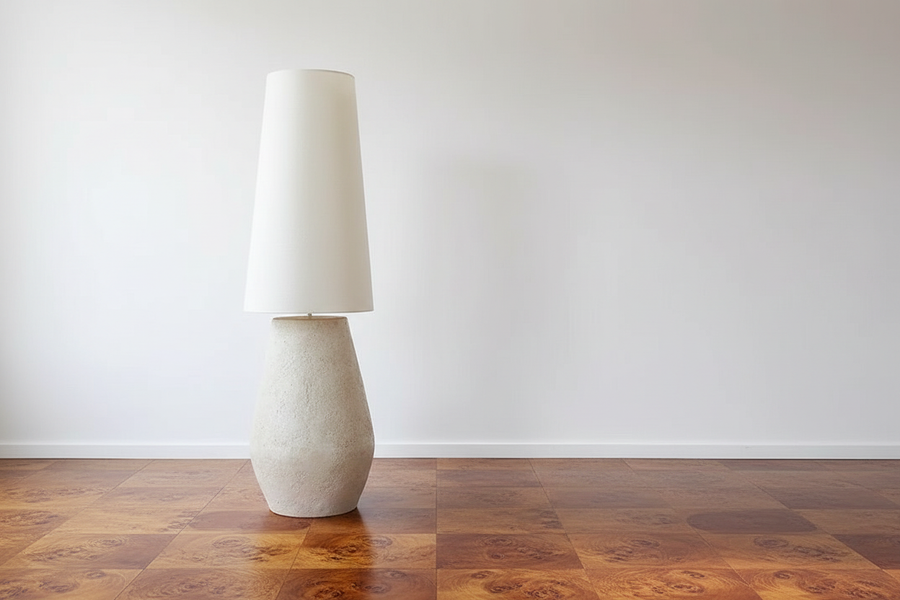 Rounded Plaster Vessel Floor Lamp with Linen Shade