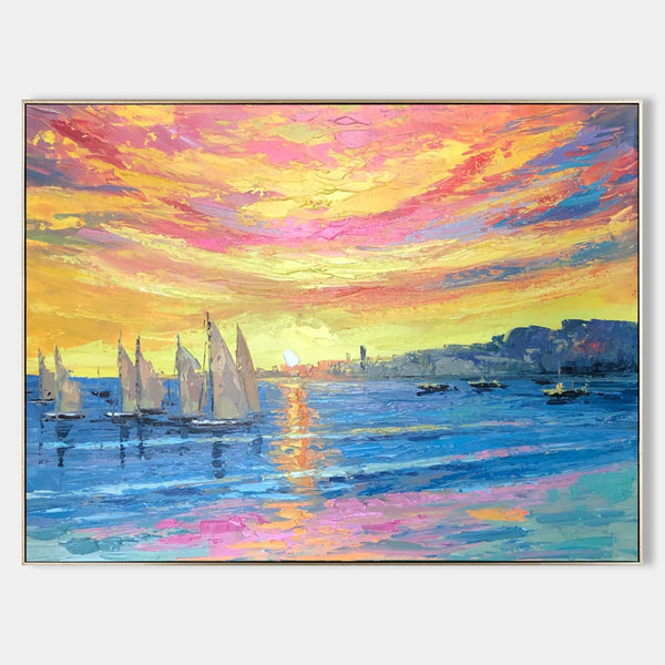 Sailboats Beneath a Blazing Harbor Sunset